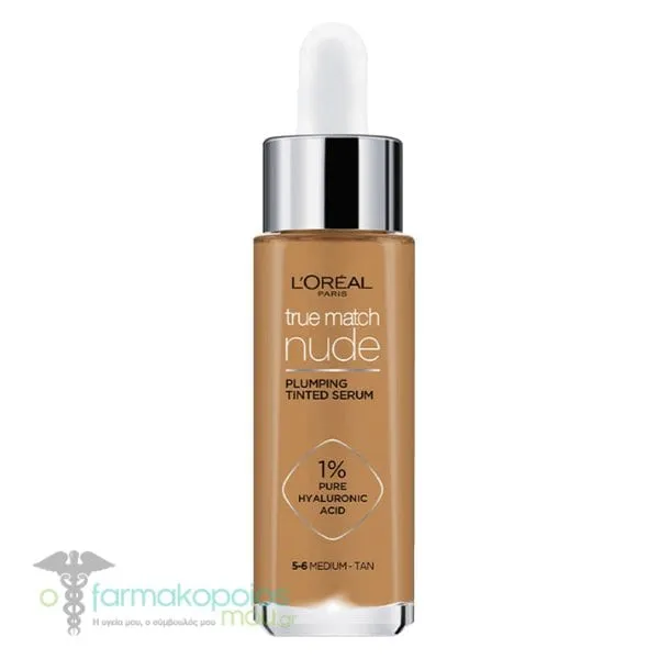 L'Oreal Paris True Match Nude Plumping Tinted Serum Foundation, 30ml - 5-6 Medium-Tan