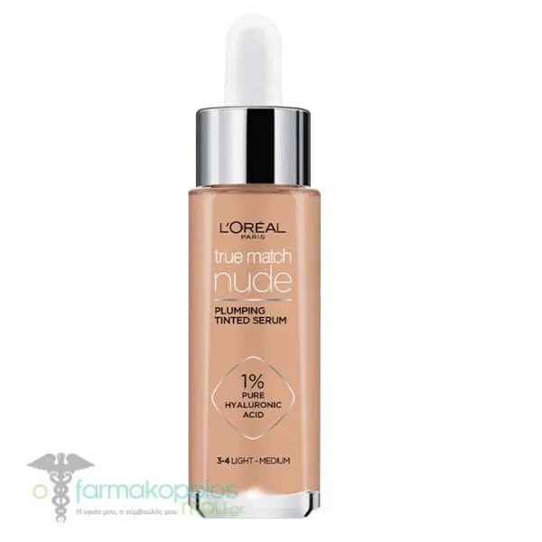 L'Oreal Paris True Match Nude Plumping Tinted Serum Foundation, 30ml - 3-4 Light-Medium