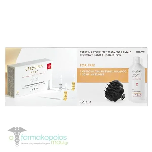 Labo Crescina Transdermic Promo Pack Anti-Dilution Treatment for Men with HFSC 1300 Man Ampoules Re-Growth & Anti-Hair Loss, 20x3.5ml, Crescina Transdermic Shampoo, 200ml & Head Massage Device, 1pcs, 1set
