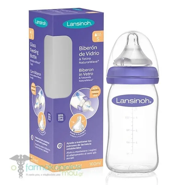 Lansinoh Glass Feeding Bottle with NaturalWave Teat, 160ml