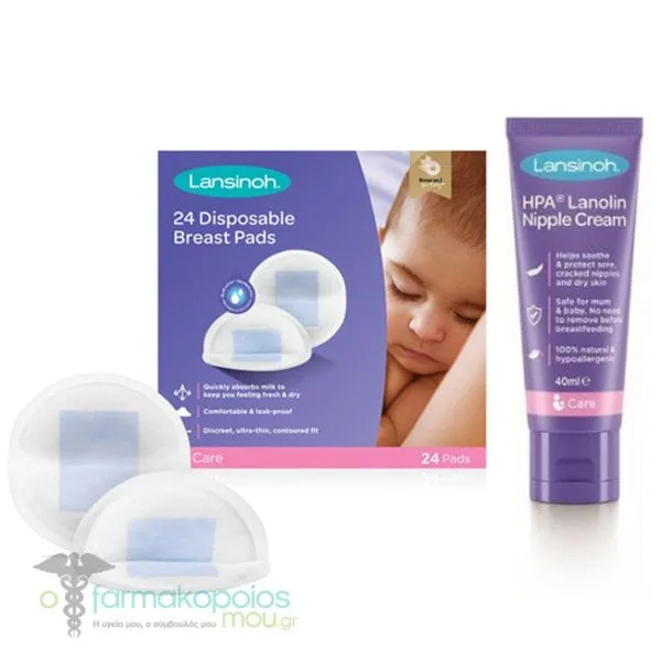 Lansinoh Promo Disposable Breast Pads, 24pcs & HPA Sore Nipple Cream, 40ml, 1set