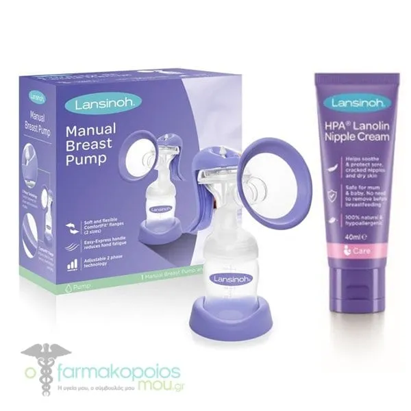 Lansinoh Promo Manual Breast Pump, 1pc & HPA Sore Nipple Cream, 40ml, 1set