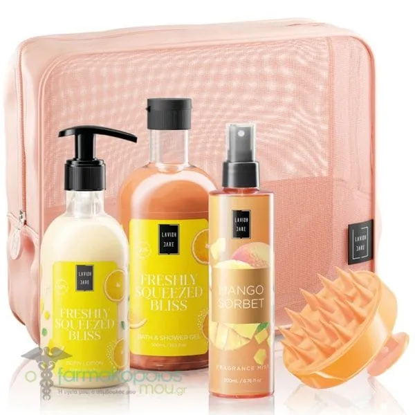 Lavish Care Freshly Squeezed Bliss Body Care Bag Gift Set with Freshly Squeezed Bliss Shower Gel, 500ml, Body Lotion, 300ml, Mango Sorbet Mist, 200ml & Gift Head Massage Brush, 1pc & Beauty Pouch, 1pc, 1set