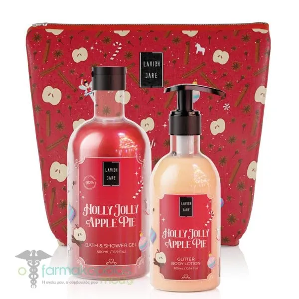 Lavish Care Holly Jolly Apple Pie Bag Set with Shower Gel, 500ml & Glitter Body Lotion 300ml, 1set