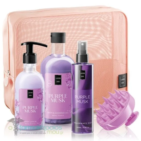 Lavish Care Purple Musk Body Care Bag Gift Set with Purple Musk Shower Gel, 500ml, Body Lotion, 300ml, Purple Musk Mist, 200ml & Gift Head Massage Brush, 1pc & Beauty Pouch, 1pc, 1set
