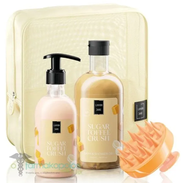 Lavish Care Sugar Toffee Crush Body Care Bag Gift Set with Sugar Toffee Crush Shower Gel, 500ml, Body Lotion, 300ml & Gift Head Massage Brush, 1pc & Beauty Pouch, 1pc, 1set