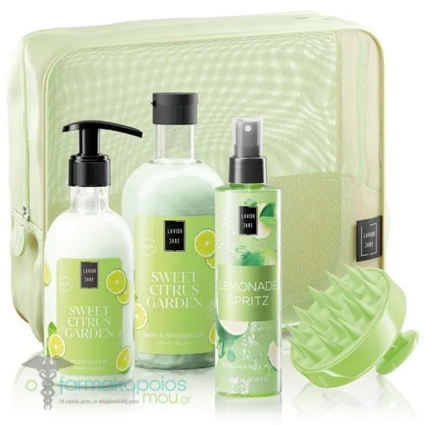 Lavish Care Sweet Citrus Garden Body Care Bag Gift Set with Sweet Citrus Garden Shower Gel, 500ml, Body Lotion, 300ml, Lemonade Spritz Mist, 200ml & Gift Head Massage Brush, 1pc & Beauty Pouch, 1pc, 1set