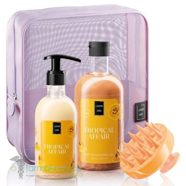 Lavish Care Tropical Affair Body Care Bag Gift Set with Tropical Affair Shower Gel, 500ml, Body Lotion, 300ml & Gift Head Massage Brush, 1pc & Beauty Pouch, 1pc, 1set