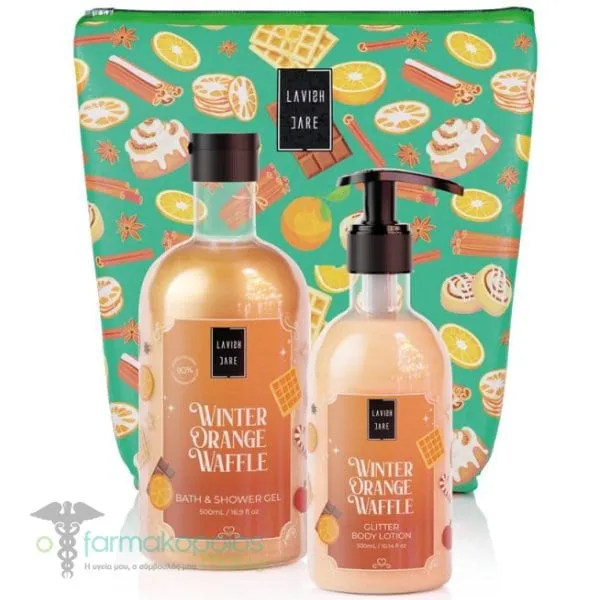 Lavish Care Winter Orange Waffle Bag Set with Bath & Shower Gel, 500ml & Glitter Body Lotion, 300ml, 1set