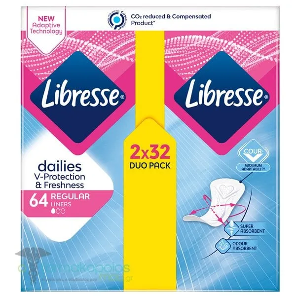Libresse Dailies V-Protection &amp; Freshness Regular Σερβιετάκια για Καθημερινή Χρήση, 2x32τεμ