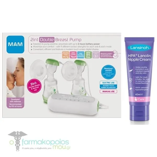 Mam Double Electric Breast Pump 2in1, 1set & Lansinoh HPA Sore Nipple Cream, 40ml, 1set