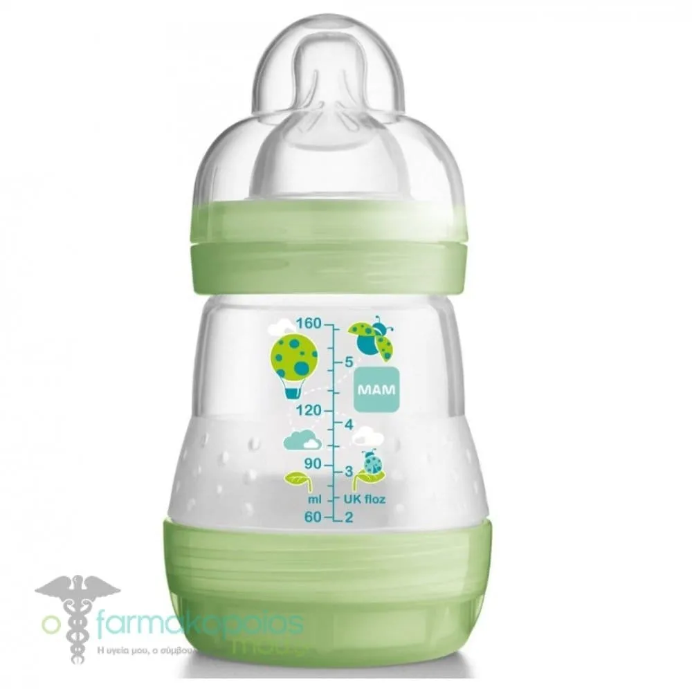 Mam Anti-Colic Baby Bottle Silicone Teat 0m+ (350S), 160ml - Πρασινο