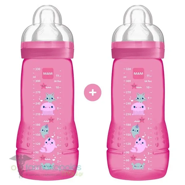 Mam Baby Bottle with Silicone Teat 4m+, 2 x 330ml - Ρόζ