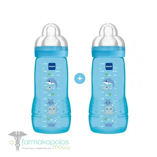 Mam Baby Bottle with Silicone Teat 4m+, 2 x 330ml - Μπλέ