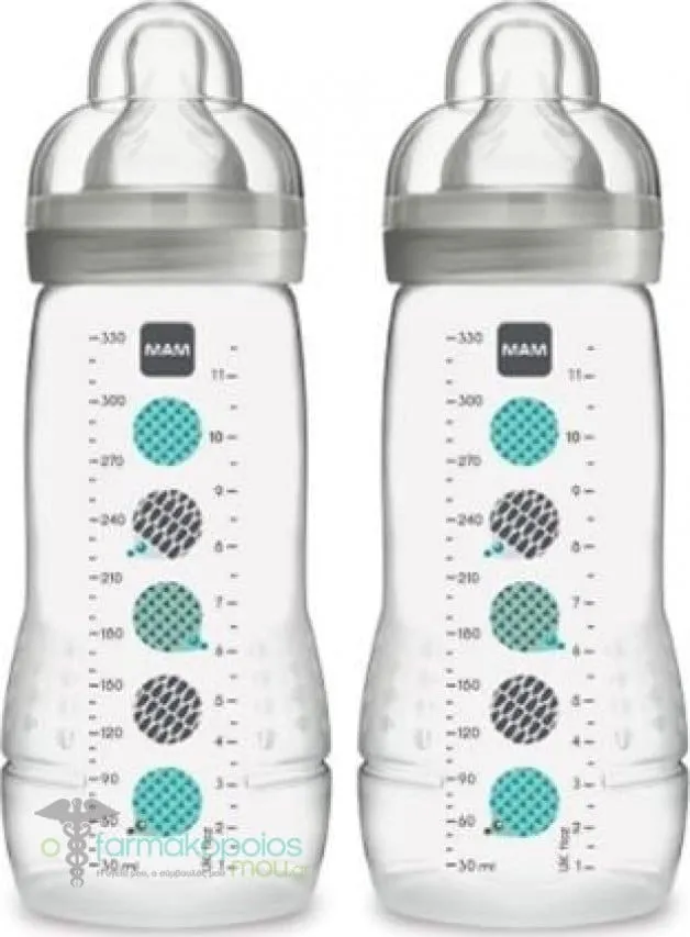 Mam Baby Bottle with Silicone Teat 4m+, 2 x 330ml - Γκρί