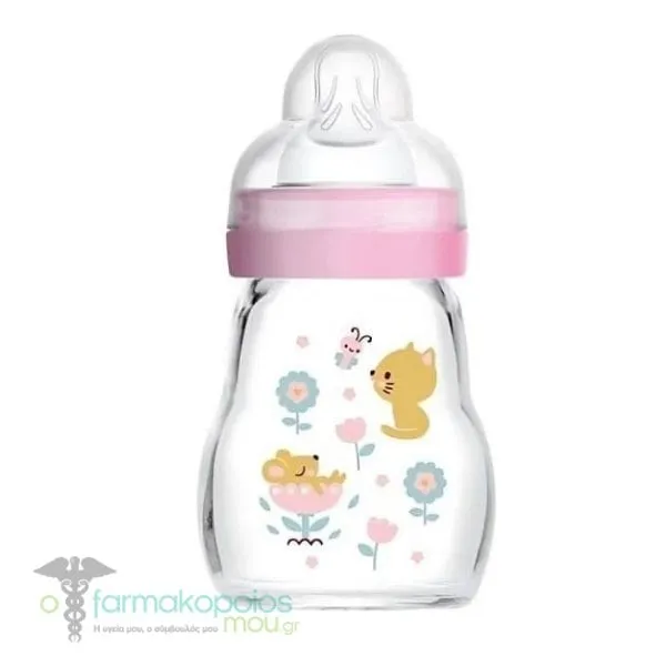 Mam Feel Good Glass Baby Bottle Silicone Teat 0m+, 170ml - Ρόζ