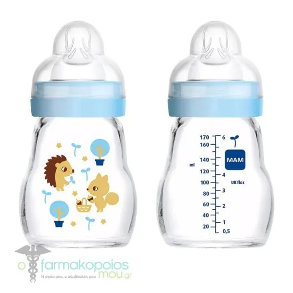 Mam Feel Good Glass Baby Bottle Silicone Teat 0m+, 170ml - Μπλέ