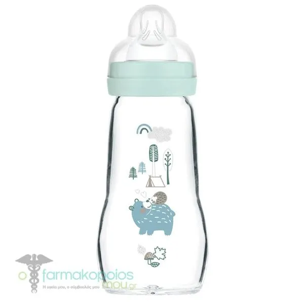 Mam Feel Good Γυάλινο Μπιμπερό με Θηλή Σιλικόνης 2m+, 260ml - Μπλε - Καράβι Φάλαινα