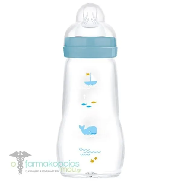Mam Feel Good Γυάλινο Μπιμπερό με Θηλή Σιλικόνης 2m+, 260ml - μπλε