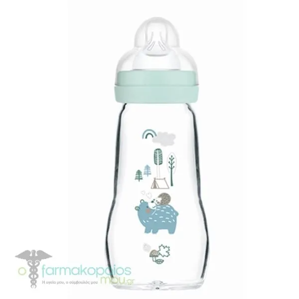 Mam Feel Good Glass Baby Bottle Silicone Teat 2m+, 260ml - Γαλάζιο-Σκαντζόχοιρος