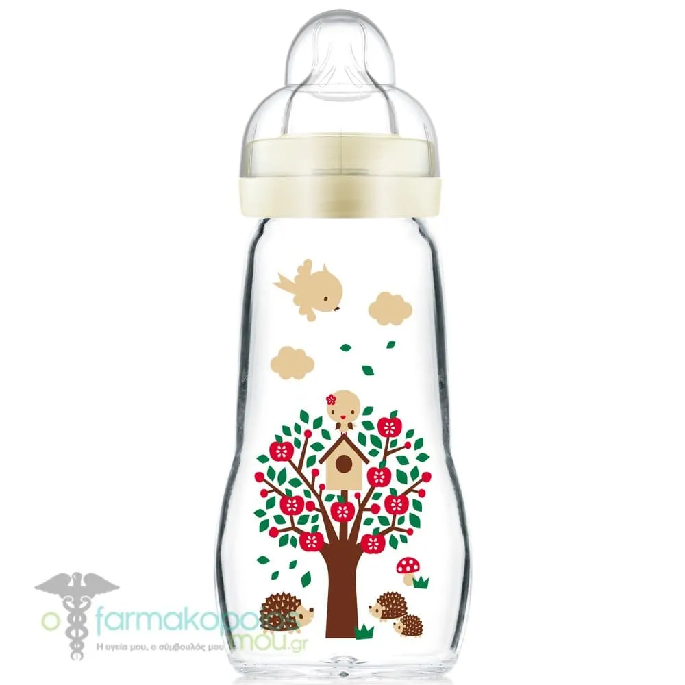 Mam Feel Good Glass Baby Bottle Silicone Teat 2m+, 260ml - Μπέζ