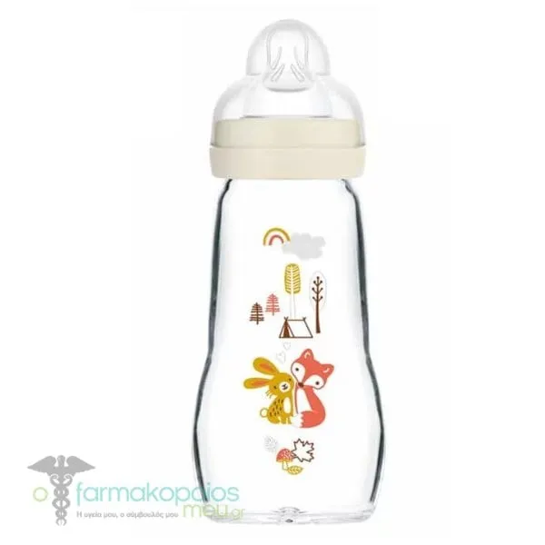 Mam Feel Good Glass Baby Bottle Silicone Teat 2m+, 260ml - Μπέζ-Πουλία