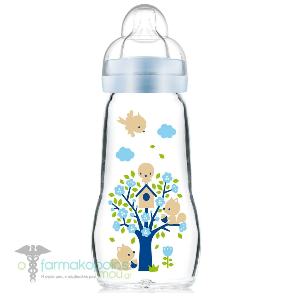 Mam Feel Good Glass Baby Bottle Silicone Teat 2m+, 260ml - Μπλέ