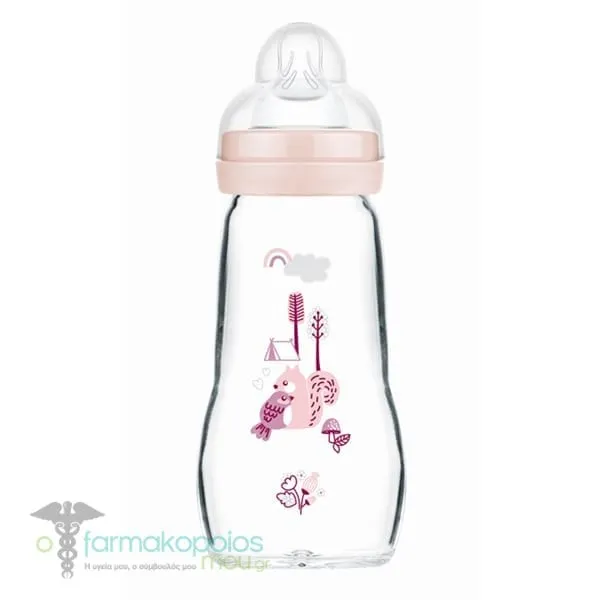 Mam Feel Good Glass Baby Bottle Silicone Teat 2m+, 260ml - Ροζ Γατάκι