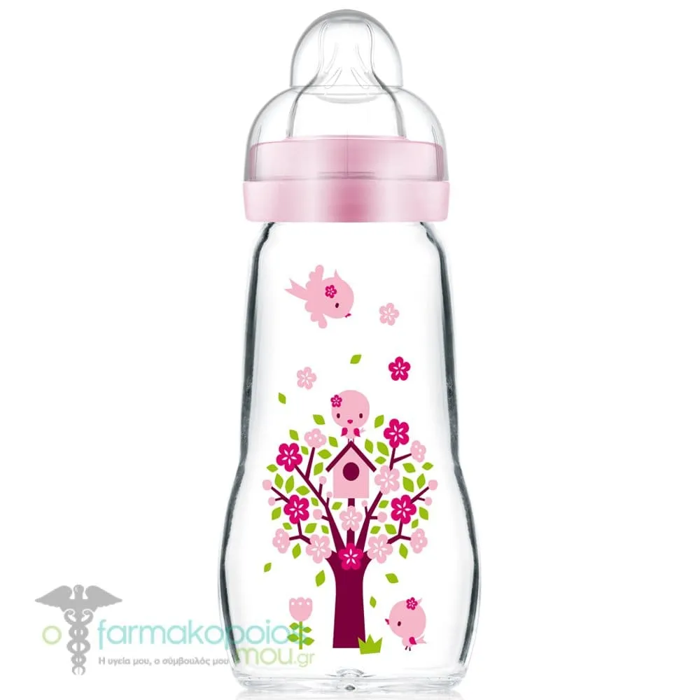 Mam Feel Good Glass Baby Bottle Silicone Teat 2m+, 260ml - Ρόζ