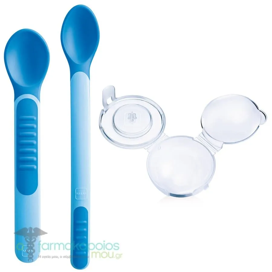Mam Heat Sensitive Spoons & Cover 6m+, 2pcs - Γαλάζιο