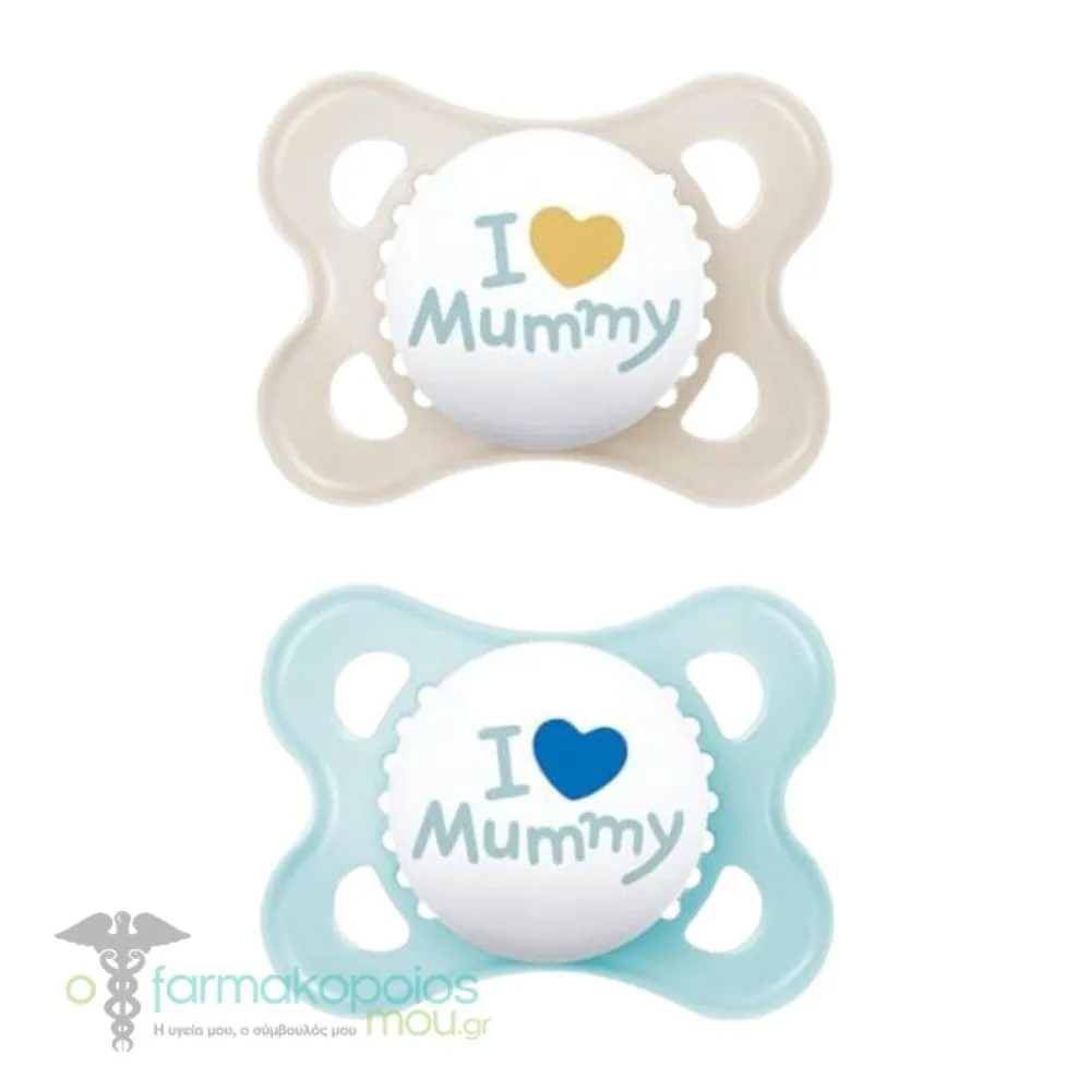 Mam I Love Mummy & Daddy Silicone Orthodontic Soother 2-6m (115S), 2pcs - Μπεζ-Γαλαζιο