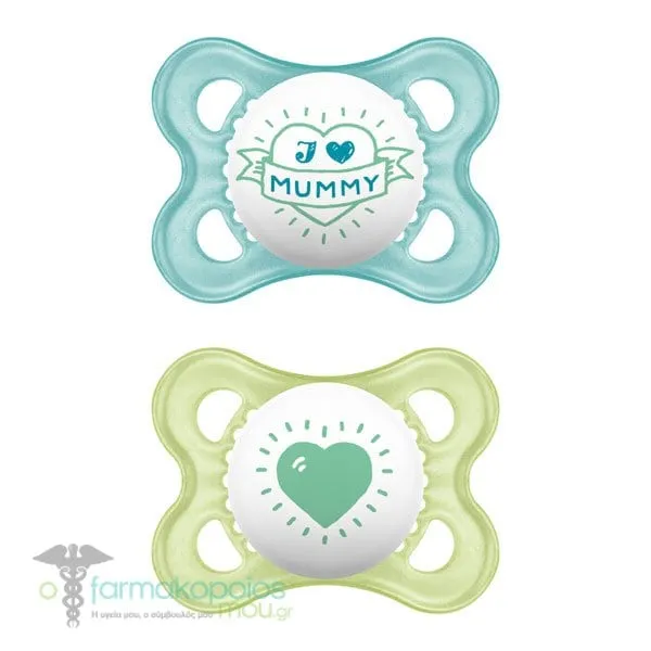 Mam I Love Mummy & Daddy Silicone Orthodontic Soother 2-6m (115S), 2pcs - Γαλάζιο-Λαχανί