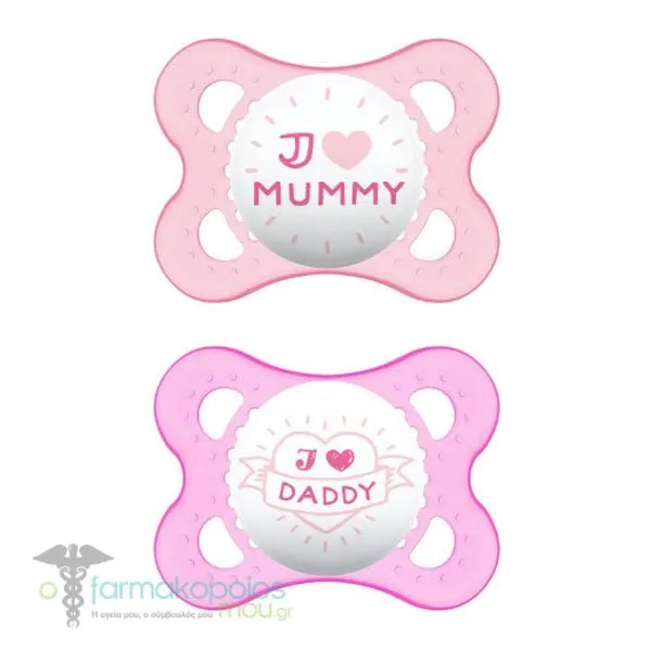 Mam I Love Mummy & Daddy Silicone Orthodontic Soother 2-6m (115S), 2pcs - Φούξια-Ροζ Διάφανο