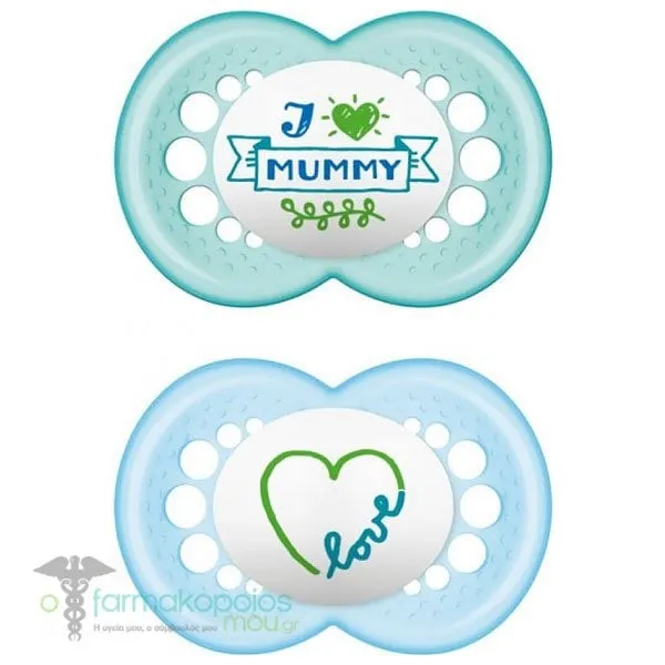 Mam I love Mummy & Daddy Orthodontic Silicone Soother 6-16m+, 2pcs - Τιρκουάζ-Γαλάζιο