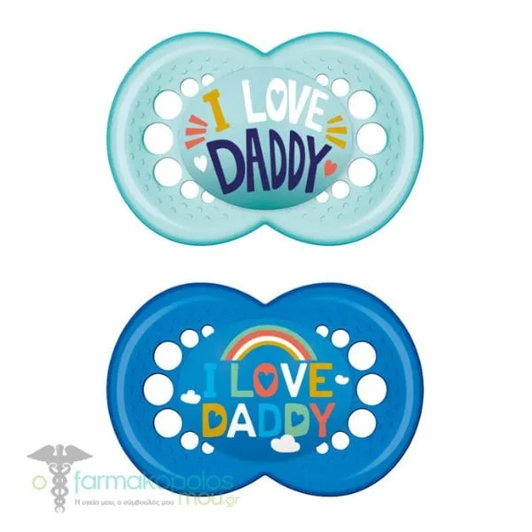 Mam I love Mummy & Daddy Orthodontic Silicone Soother 6-16m+, 2pcs - Τιρκουάζ-Μπλε