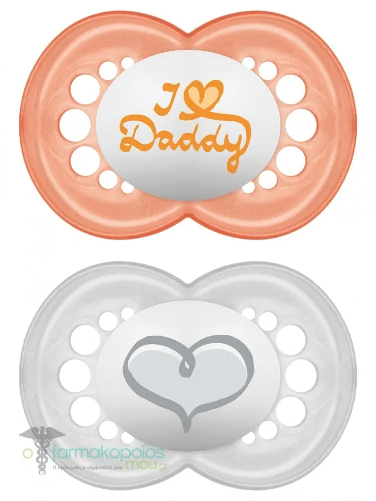 Mam I love Mummy & Daddy Orthodontic Silicone Soother 6-16m+, 2pcs - Πορτοκάλι