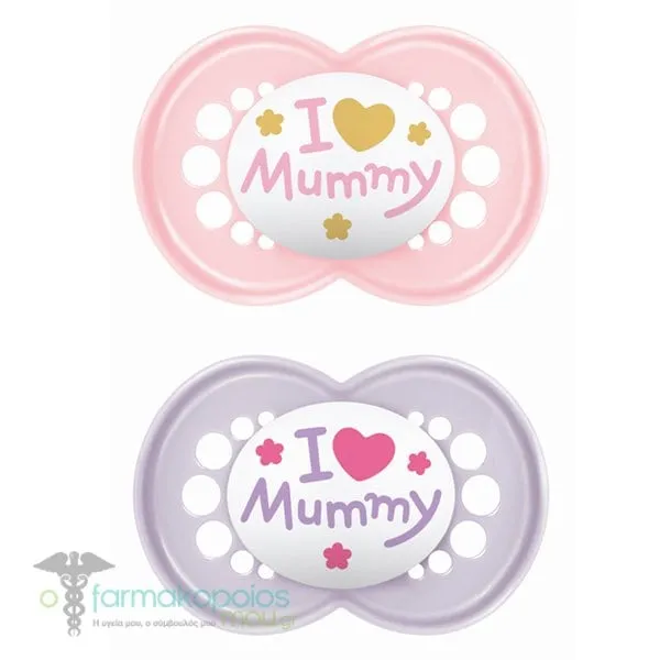 Mam I love Mummy & Daddy Orthodontic Silicone Soother 6-16m+, 2pcs - Μωβ-Ροζ Mummy