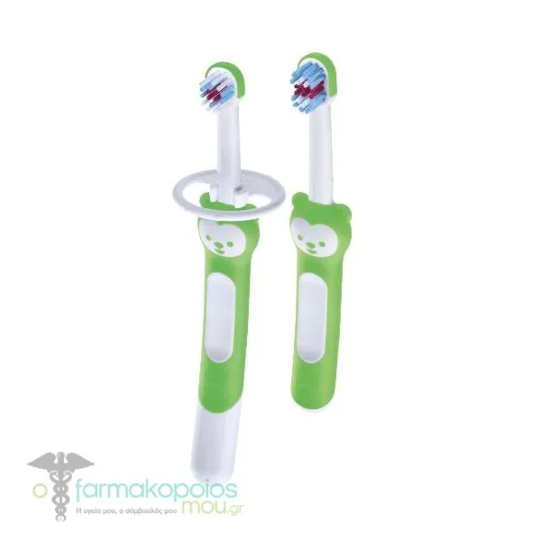Mam Learn To Brush 608 Set Εκπαιδευτική & Βρεφική Οδοντόβουρτσα με Ασπίδα Προστασίας 5m+, 2τεμ - Πρασινο