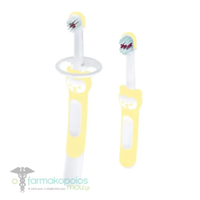 Mam Learn To Brush 608 Set Εκπαιδευτική & Βρεφική Οδοντόβουρτσα με Ασπίδα Προστασίας 5m+, 2τεμ - Κίτρινο