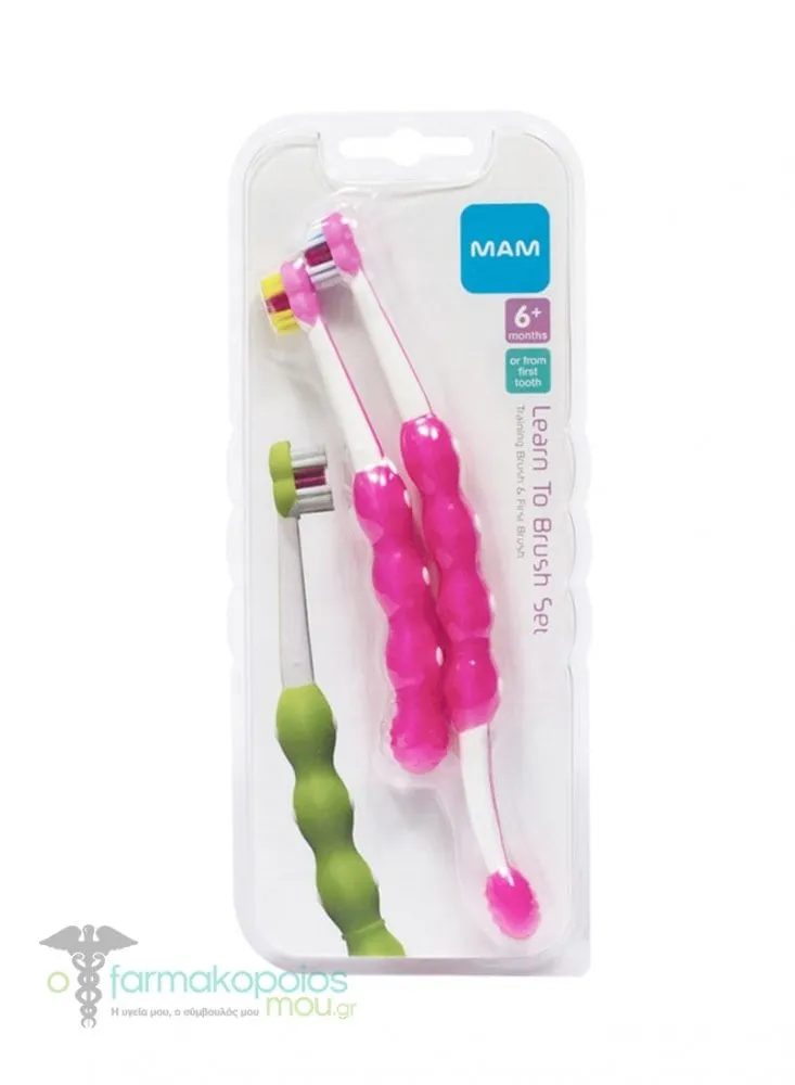 Mam Learn to Brush Set Σετ Εκπαιδευτική & Βρεφική Οδοντόβουρτσα 6m+,  2 τμχ  - Φούξια - Τιρκουάζ