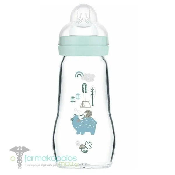 Mam Feel Good Forest Matt Glass Bottle Silicone Teat 2m+, 260ml - Γαλάζιο