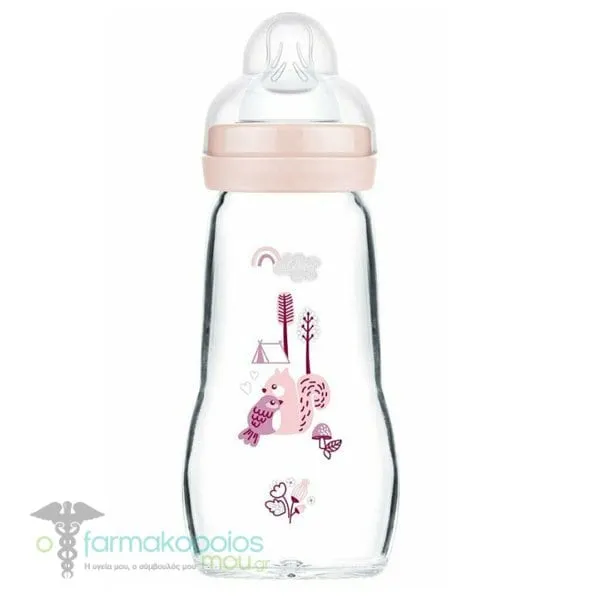 Mam Feel Good Forest Matt Glass Bottle Silicone Teat 2m+, 260ml - Ρόζ