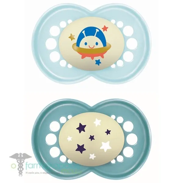Mam Night Silicone Orthodontic Soother 16m+, 2pcs - Μπλε - Γαλάζιο