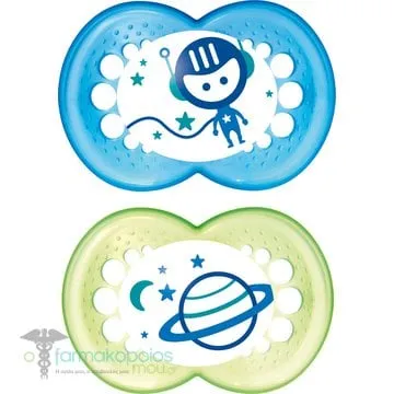 Mam Night Silicone Orthodontic Soother 16m+, 2pcs - Μπλέ