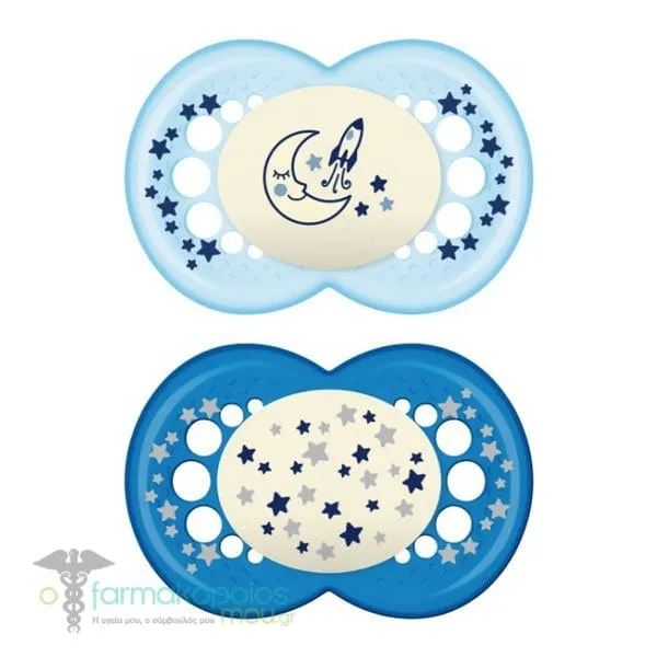 Mam Night Silicone Orthodontic Soother 16m+, 2pcs - Γαλάζιο-Μπλε