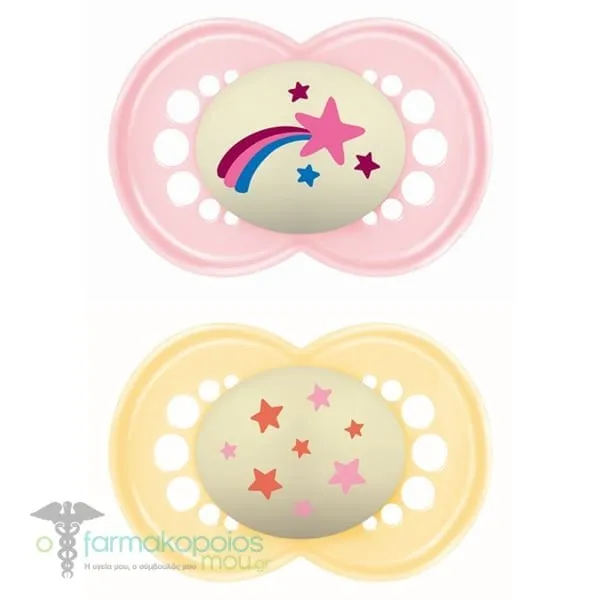 Mam Night Silicone Orthodontic Soother 16m+, 2pcs - Ροζ-Κίτρινο