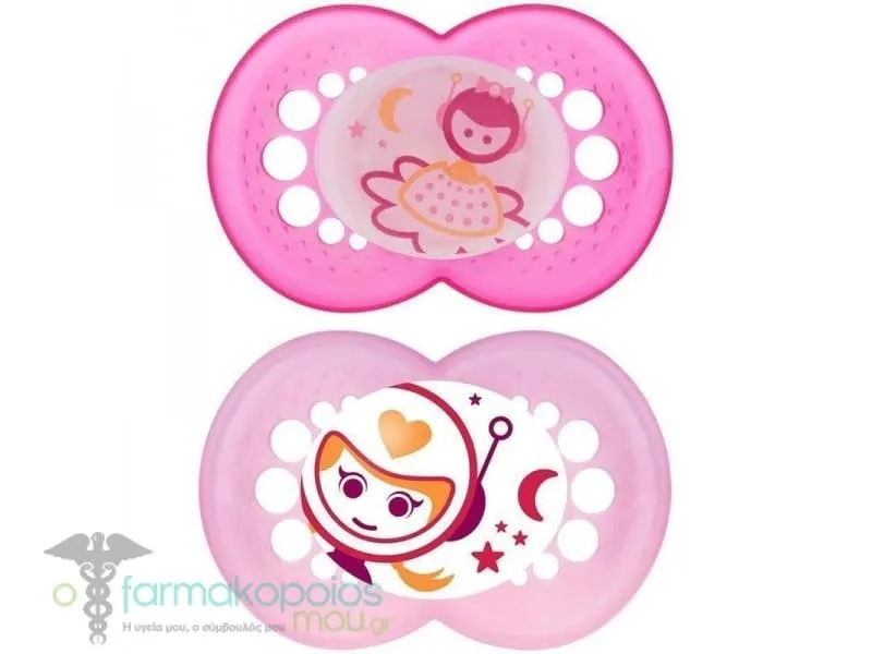 Mam Night Silicone Orthodontic Soother 16m+, 2pcs - Ρόζ