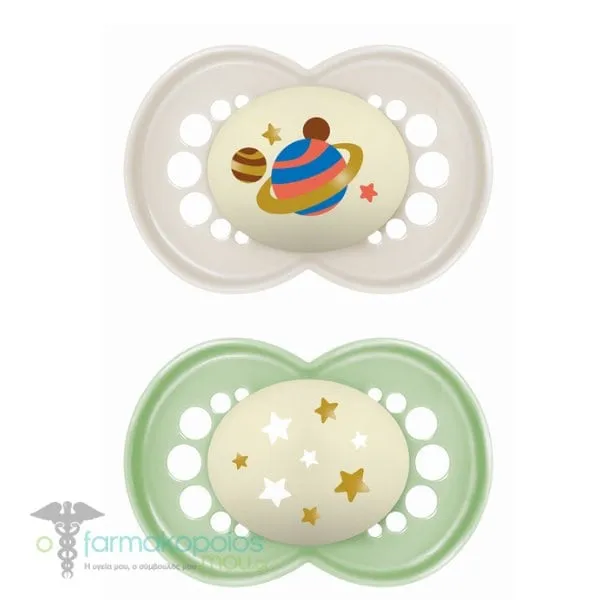 Mam Night Silicone Orthodontic Soother 16m+, 2pcs - Γκρί-Πράσινο