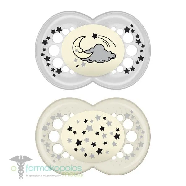 Mam Night Silicone Orthodontic Soother 16m+, 2pcs - Γκρι-Λευκό