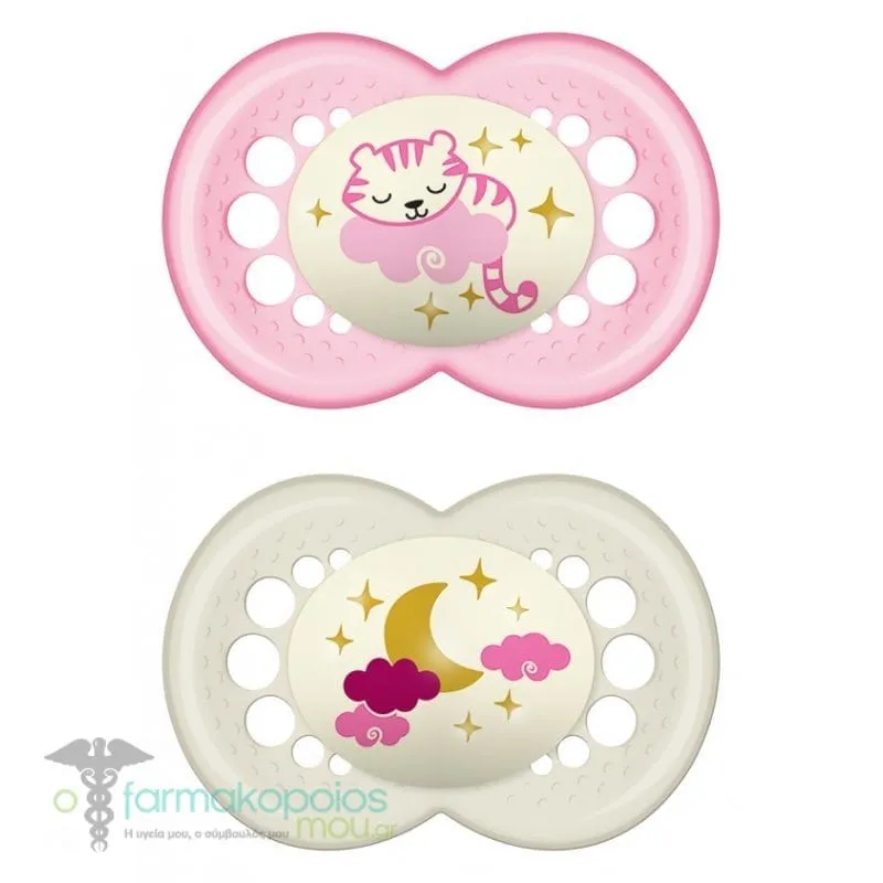 Mam Night Silicone Orthodontic Soother 16m+, 2pcs - Ροζ-Λευκο